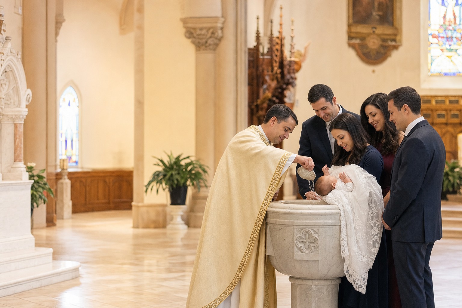 Baby being baptized at the font with parents and godparents