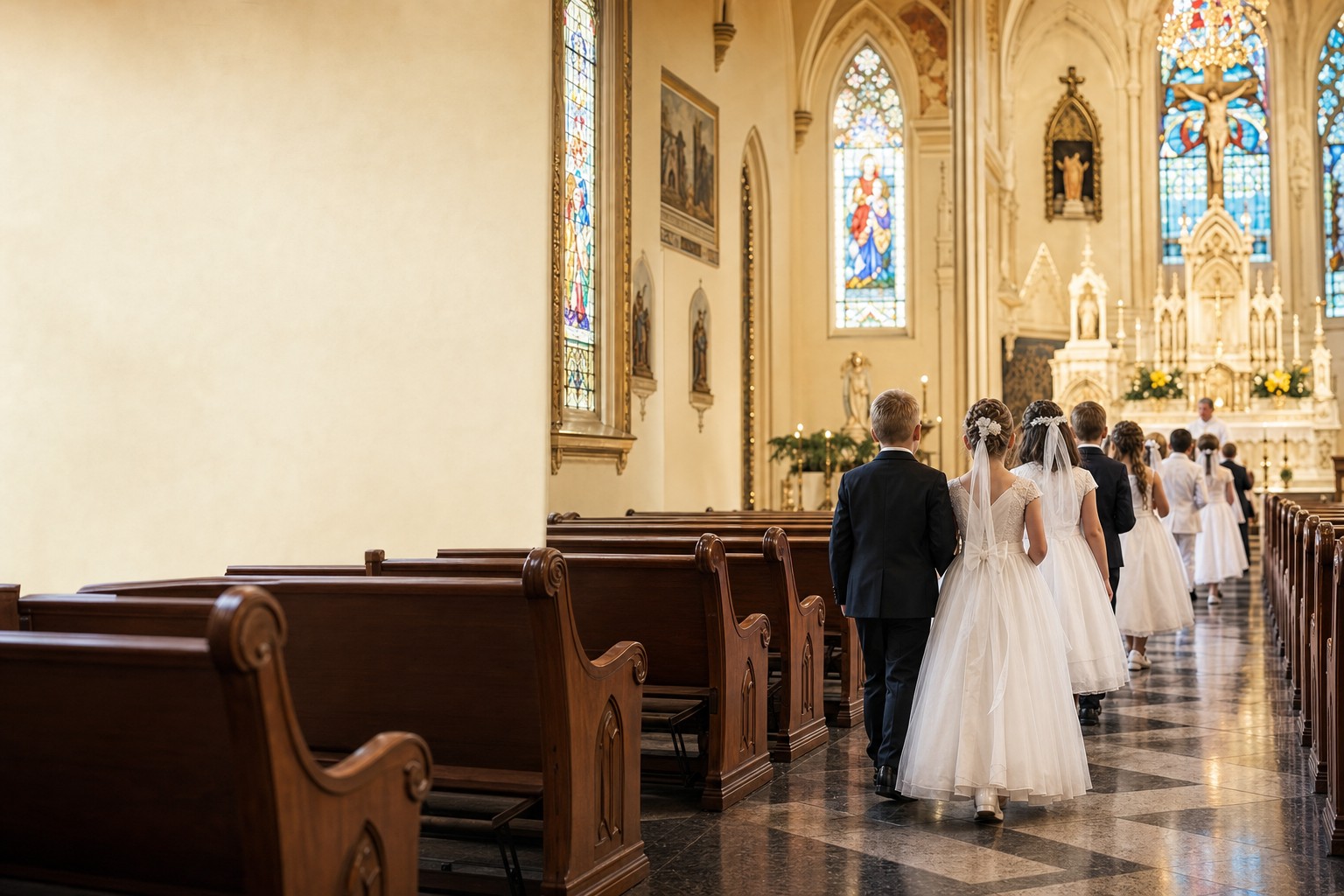 Children walking up the aisle for First Communion