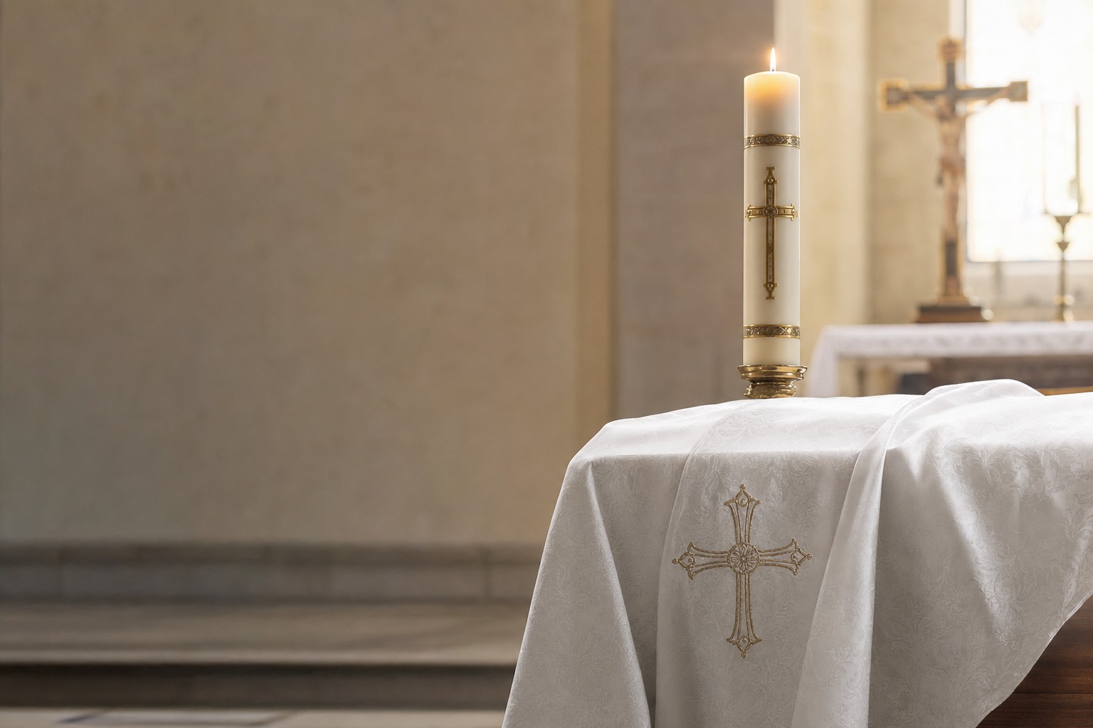 Lit Easter candle beside a white funeral pall in the church