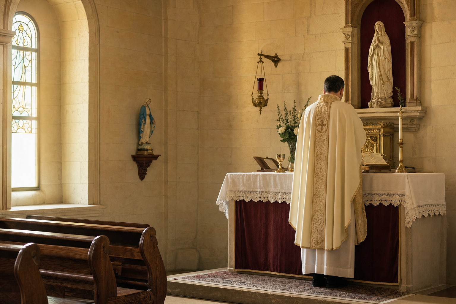 Priest celebrating a quiet weekday Mass in the Marian chapel