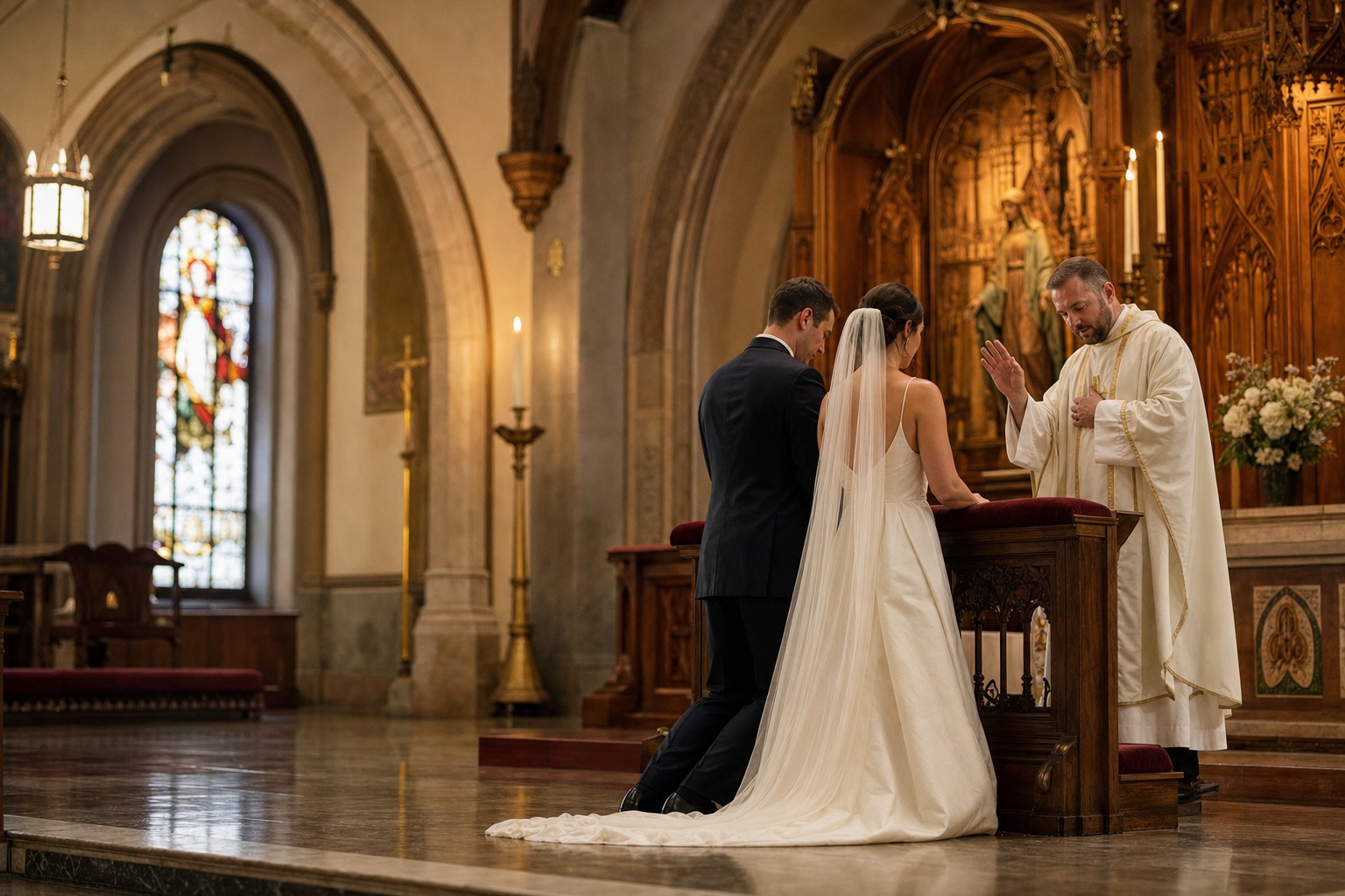 Bride and groom at the altar rail with a priest