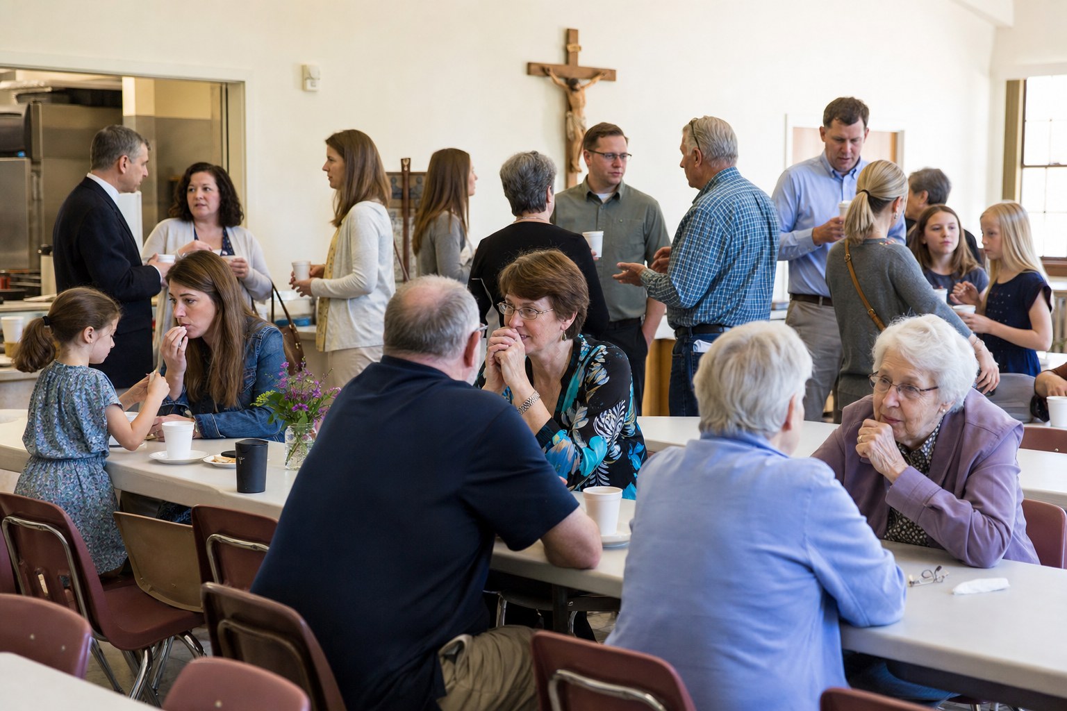 Parish community sharing conversation in a fellowship hall