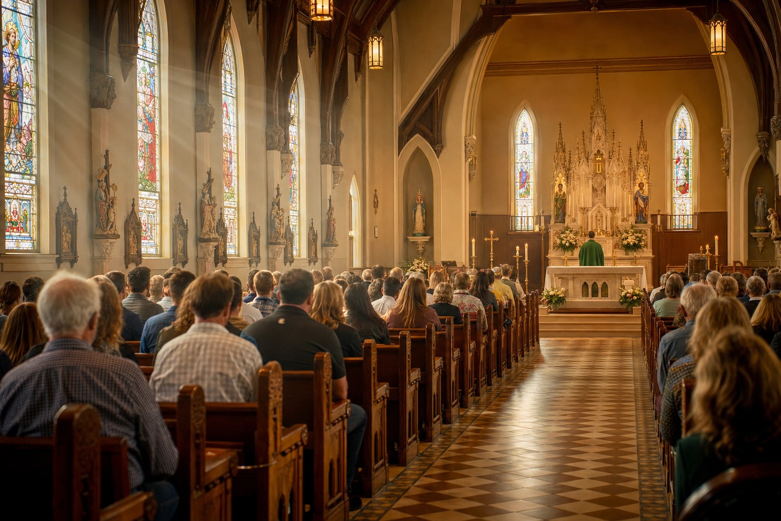 Sunlit Catholic church nave during Sunday worship